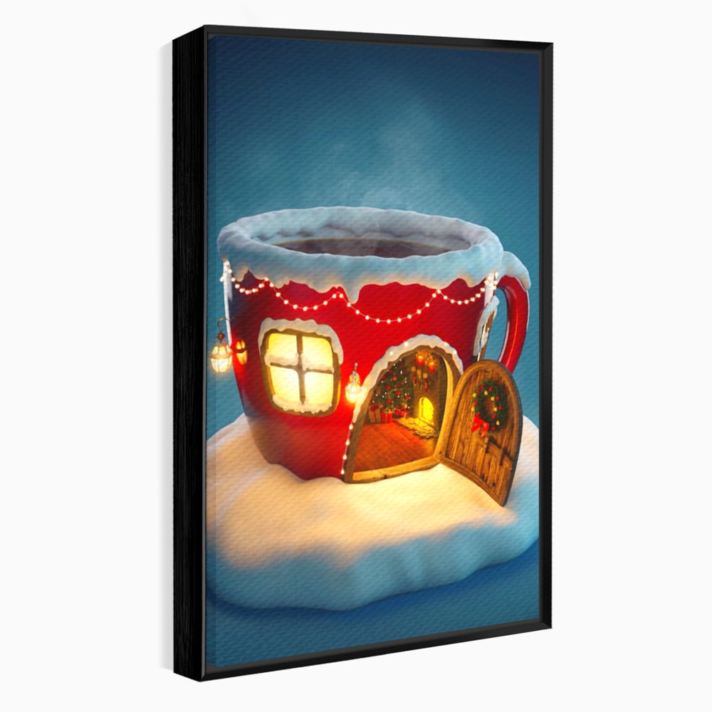 Tablou canvas cu ilustratie cana rosie cu casa de craciun, in rama de aluminiu negru